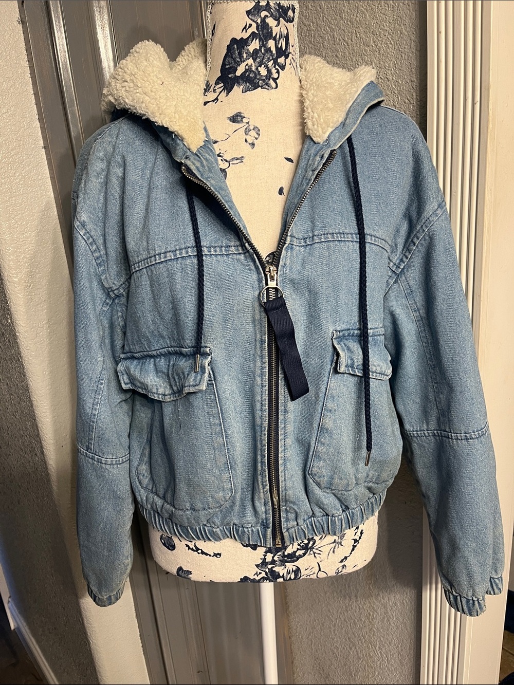 Light Wash Denim Jacket with Cream Sherpa Hood - Picture 1 of 5